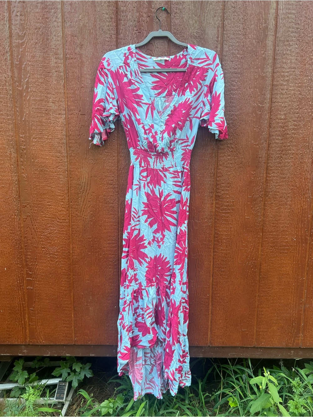 Abel The Label Tropical Floral Smocked Waist High Low Midi Dress XS Boho Resort - Picture 3 of 6